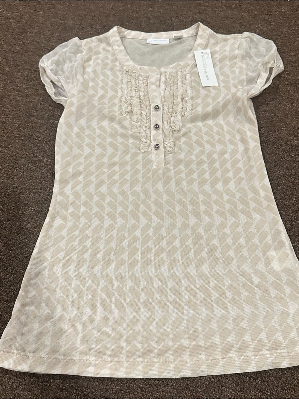 New York & Company Beige Cream Patterned Ruffle Front Top